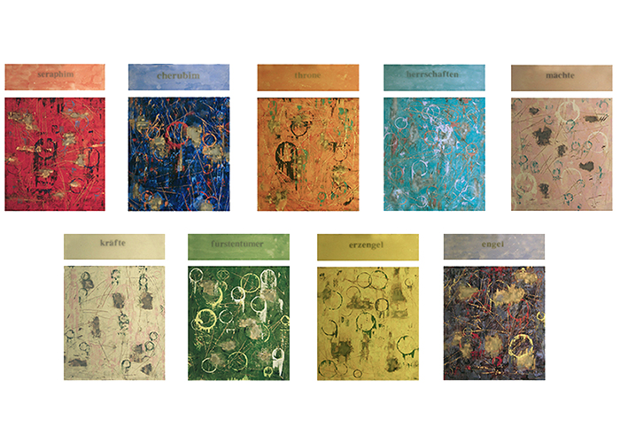 Engelraum • 18teilig • 9mal 32 x111 cm, 9mal 124 x 111 cm •  Acryl, Wachs auf Holz